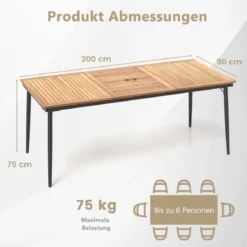 Gartentisch mit Schirmloch Terrassentisch für 8 Personen Rechteckiger Balkontisch aus Akazienholz