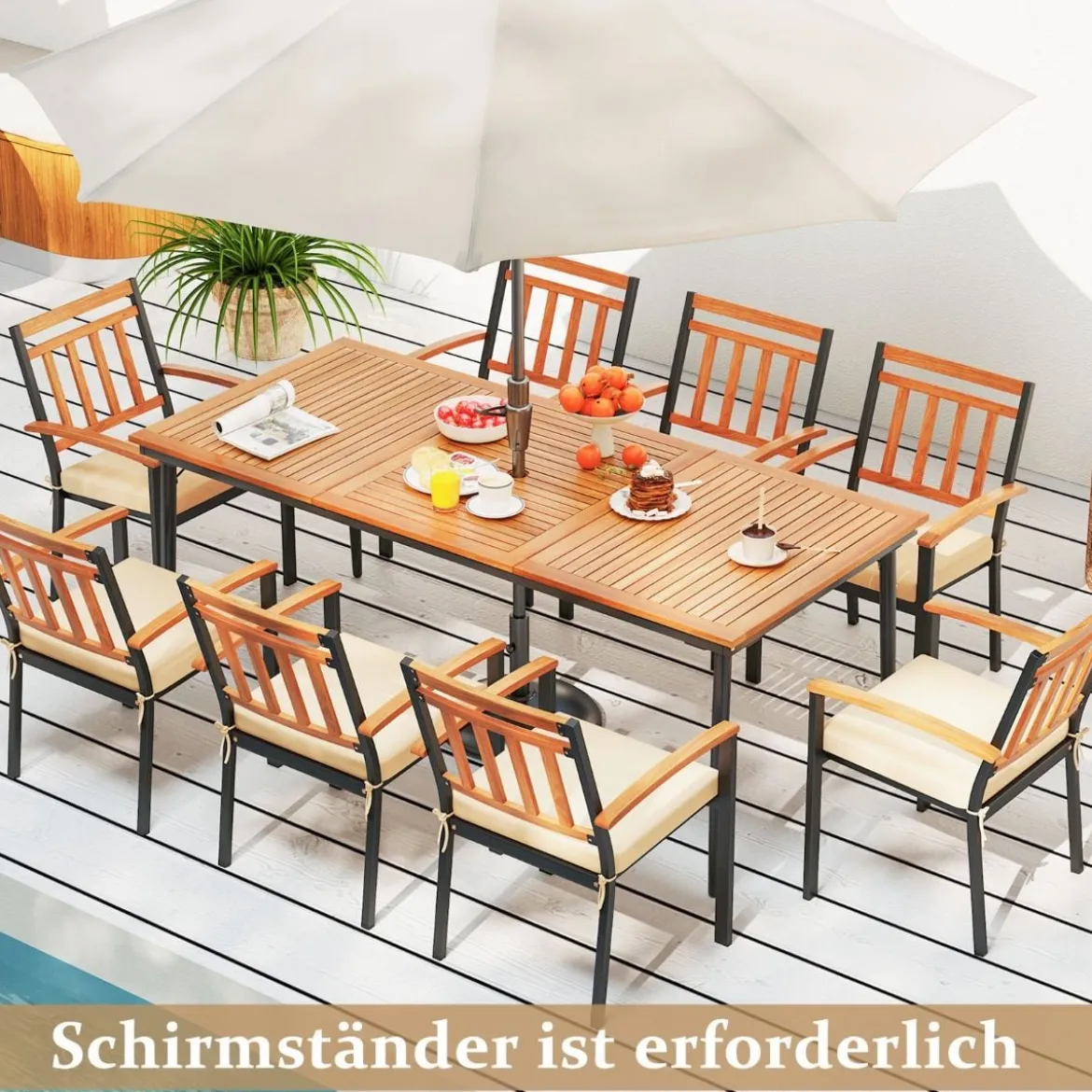 Gartentisch mit Schirmloch Terrassentisch für 8 Personen Rechteckiger Balkontisch aus Akazienholz
