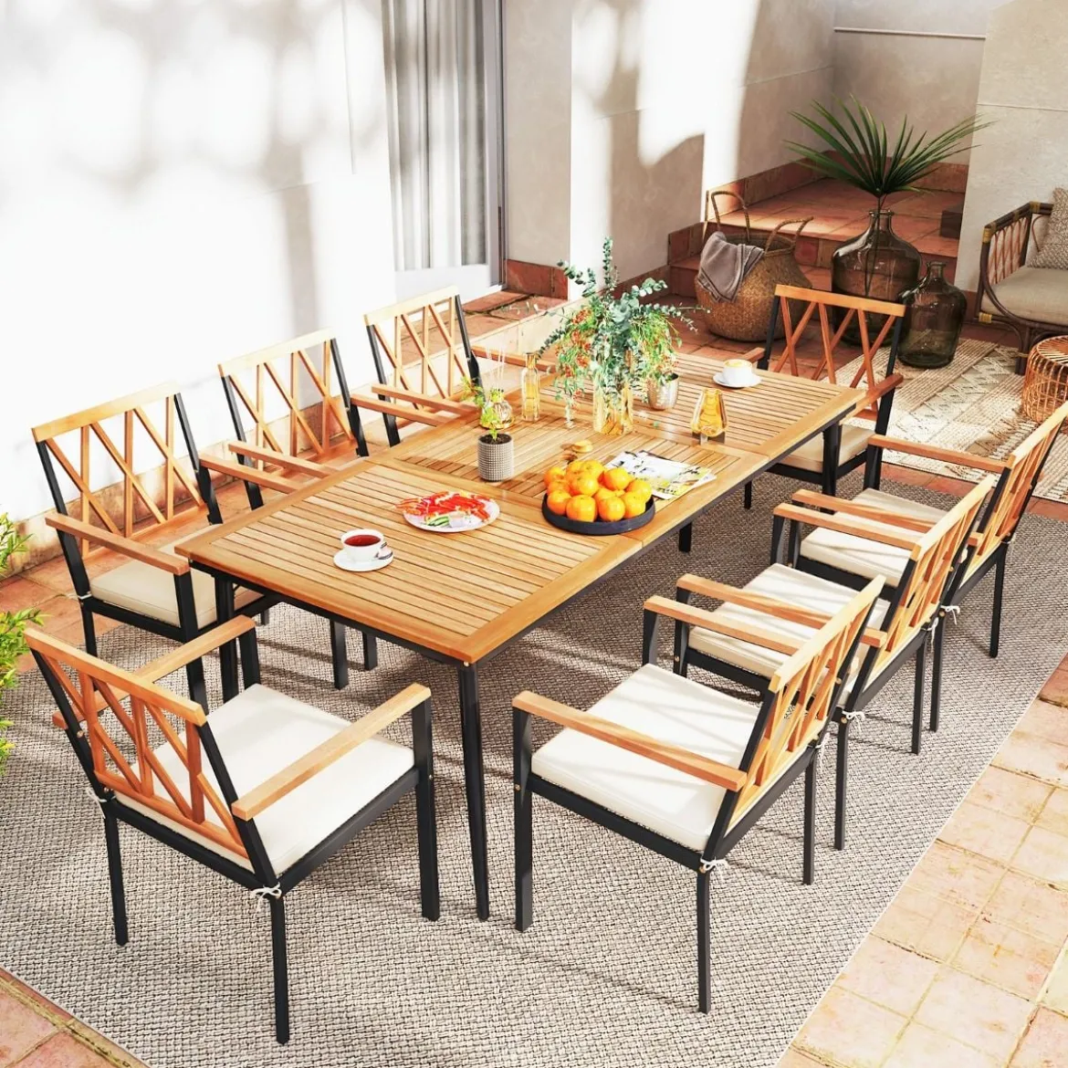 Gartentisch mit Schirmloch Terrassentisch für 8 Personen Rechteckiger Balkontisch aus Akazienholz