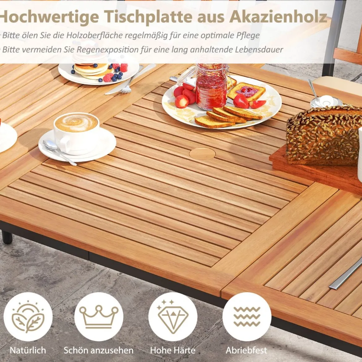 Gartentisch mit Schirmloch Terrassentisch für 8 Personen Rechteckiger Balkontisch aus Akazienholz