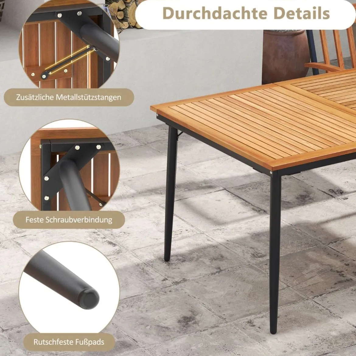 Gartentisch mit Schirmloch Terrassentisch für 8 Personen Rechteckiger Balkontisch aus Akazienholz