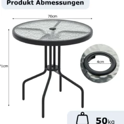 Gartentisch mit Schirmloch 70x70x71cm Bistrotisch mit Tischplatte aus gehärtetem Glas