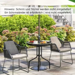 Gartentisch mit Schirmloch 70x70x71cm Bistrotisch mit Tischplatte aus gehärtetem Glas