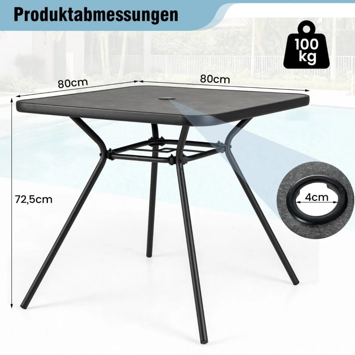 Gartentisch mit Tischplatte aus Kunstmarmor Terrassentisch mit Schirmloch 80 x 80 x 72,5 cm