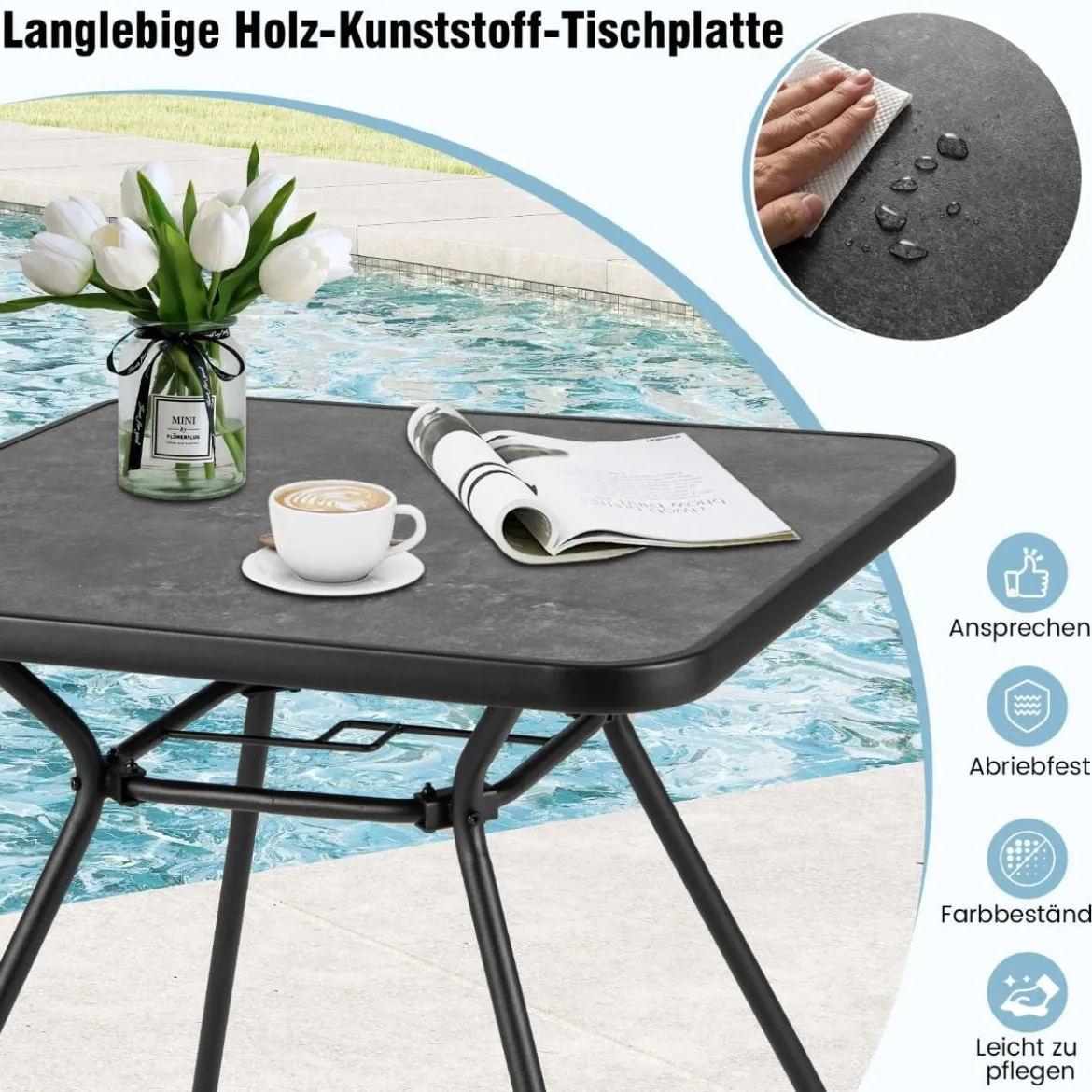 Gartentisch mit Tischplatte aus Kunstmarmor Terrassentisch mit Schirmloch 80 x 80 x 72,5 cm