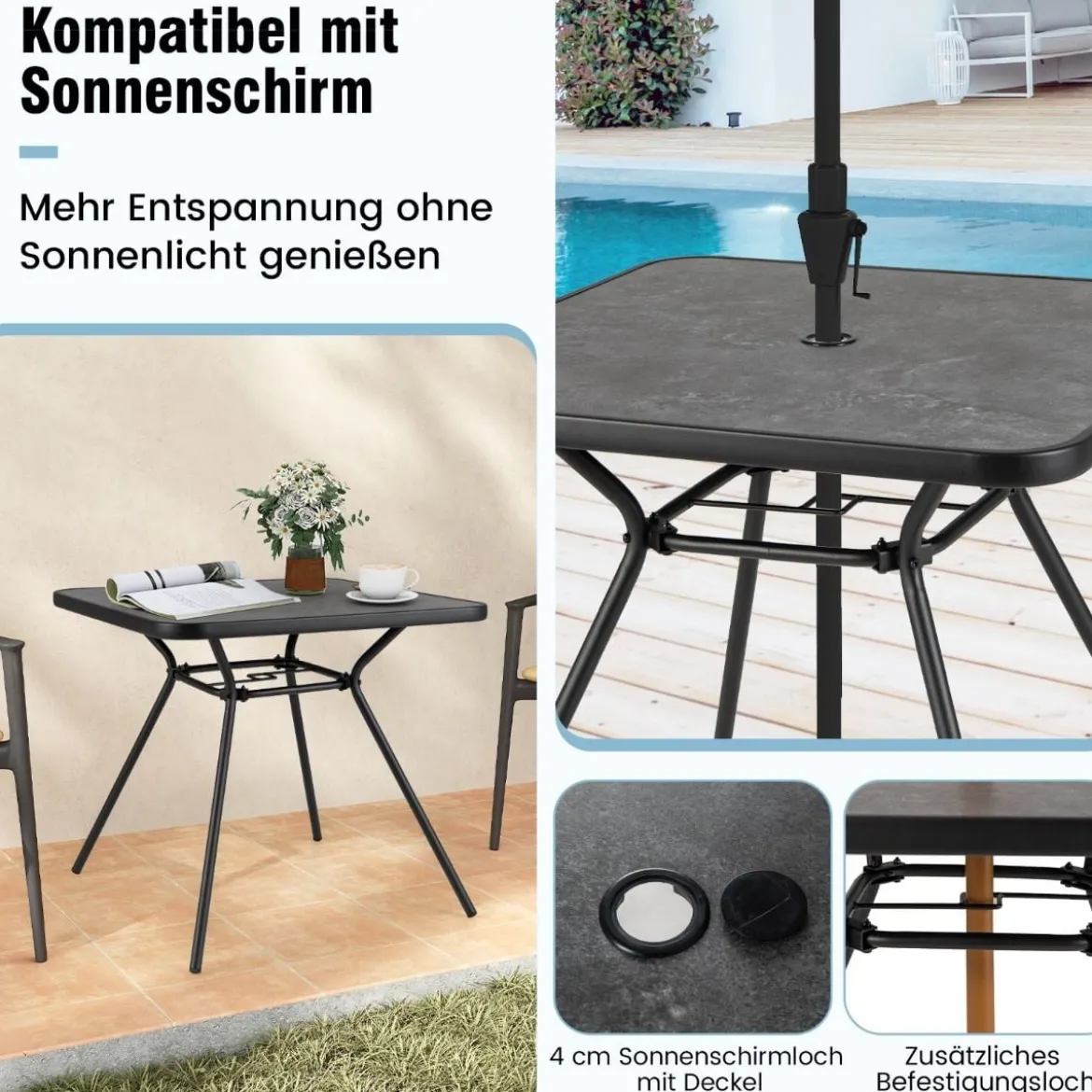 Gartentisch mit Tischplatte aus Kunstmarmor Terrassentisch mit Schirmloch 80 x 80 x 72,5 cm