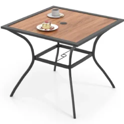 Gartentisch mit Tischplatte in Holzoptik Terrassentisch mit verstellbarem Schirmloch 85 x 85 x 74 cm