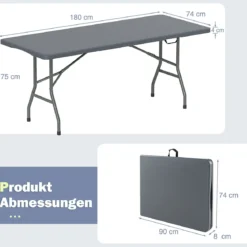 Gartentisch 180 x 74cm Campingtisch klappbar Klapptisch mit HDPE-Tischplatte & TragegriffGrau