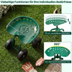 Gartenwagen auf Rädern Rollender Arbeitssitz mit um 360 ° drehbarem Sitz und verstellbarer Höhe