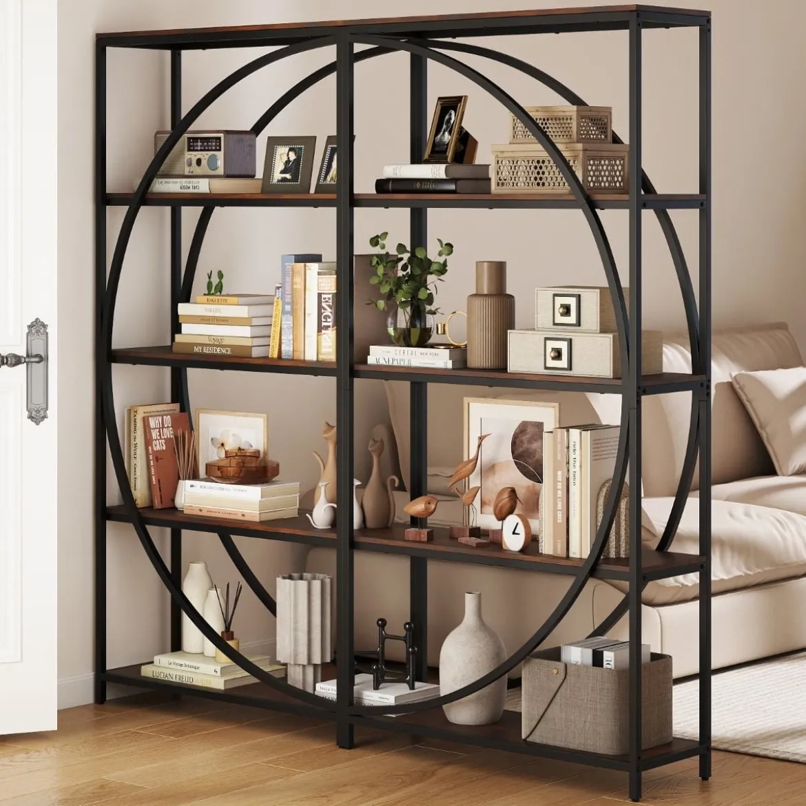 Geometrisches Bücherregal mit Offenen Holzregale & Metallrahmen Büroregal Standregal Braun