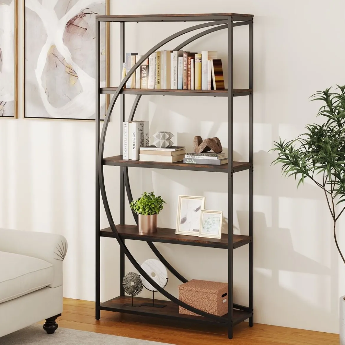 Geometrisches Bücherregal mit Offenen Holzregale & Metallrahmen Büroregal Standregal Braun
