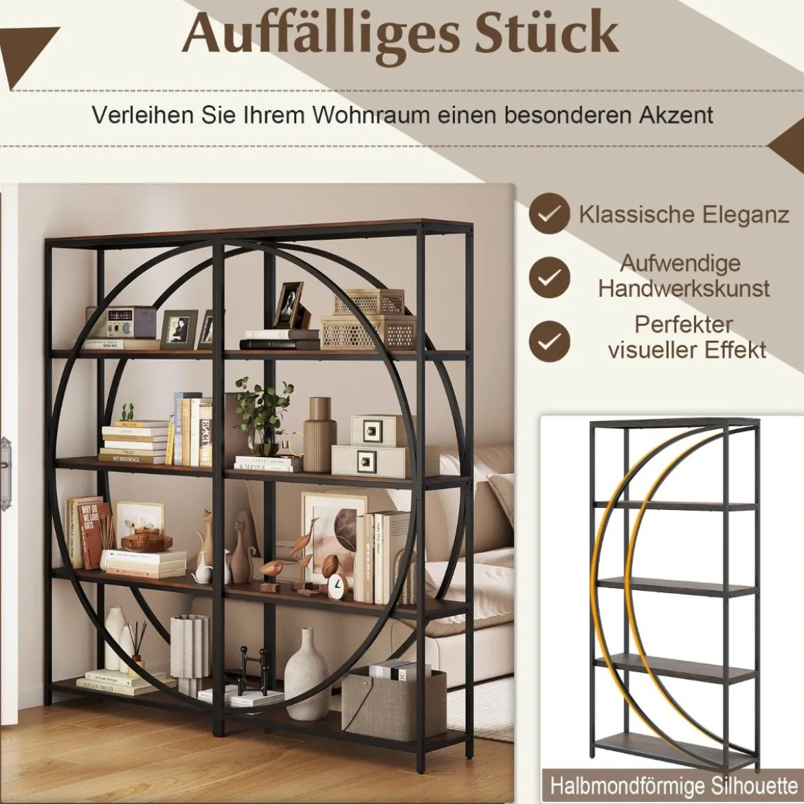 Geometrisches Bücherregal mit Offenen Holzregale & Metallrahmen Büroregal Standregal Braun
