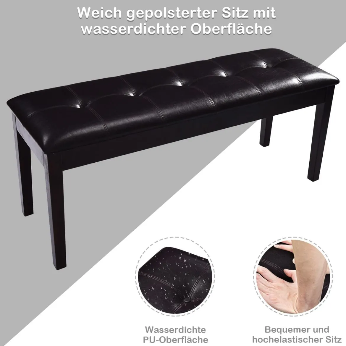Gepolsterte Esszimmerbank aus Massivholz mit bequemer gepolsterter Sitzfläche & Holzbeinen Mehrzweckbank Braun
