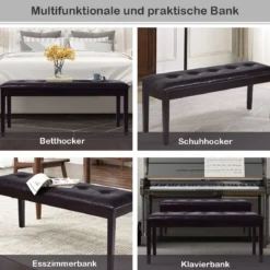 Gepolsterte Esszimmerbank aus Massivholz mit bequemer gepolsterter Sitzfläche & Holzbeinen Mehrzweckbank Braun