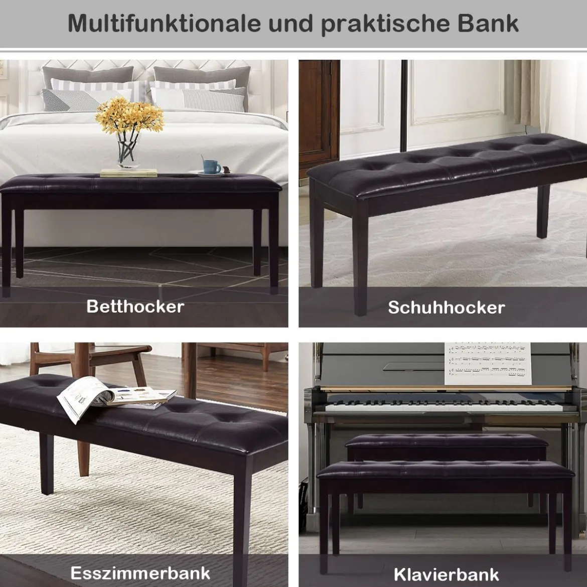 Gepolsterte Esszimmerbank aus Massivholz mit bequemer gepolsterter Sitzfläche & Holzbeinen Mehrzweckbank Braun