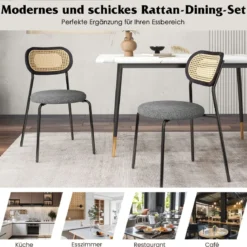 2 gepolsterte Esszimmerstühle mit Metallbeinen Rückenlehne aus Netzgeflecht & gepolstertem Leinenstoff Schwarz