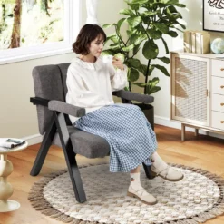 Gepolsterter Loungesessel mit Armlehnen& Metallrahmen Sessel Modern Sofastuhl Relaxsessel Grau