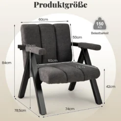 Gepolsterter Loungesessel mit Armlehnen& Metallrahmen Sessel Modern Sofastuhl Relaxsessel Grau