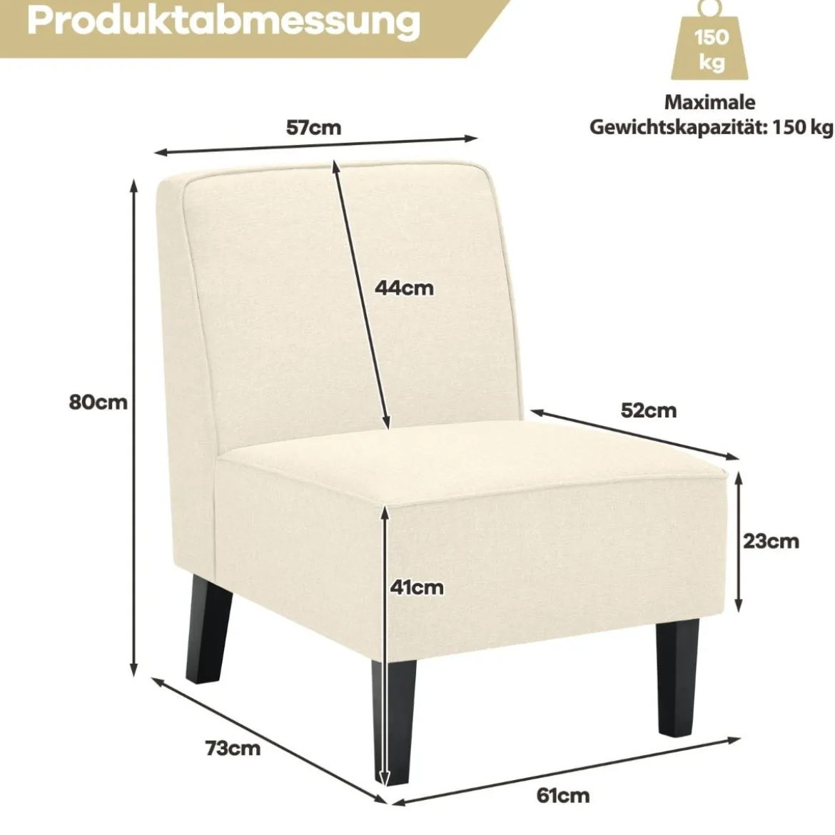 Gepolsterter Loungesessel mit Rückenlehne & Holzbeinen Akzentstuhl bis 150 kg Belastbar Beige