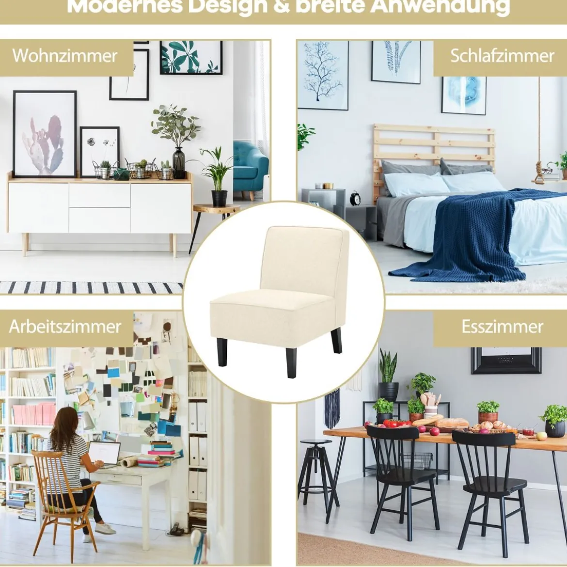 Gepolsterter Loungesessel mit Rückenlehne & Holzbeinen Akzentstuhl bis 150 kg Belastbar Beige