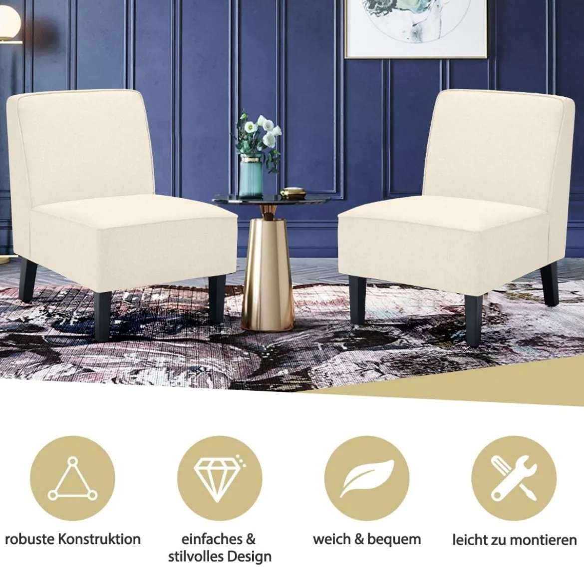 Gepolsterter Loungesessel mit Rückenlehne & Holzbeinen Akzentstuhl bis 150 kg Belastbar Beige
