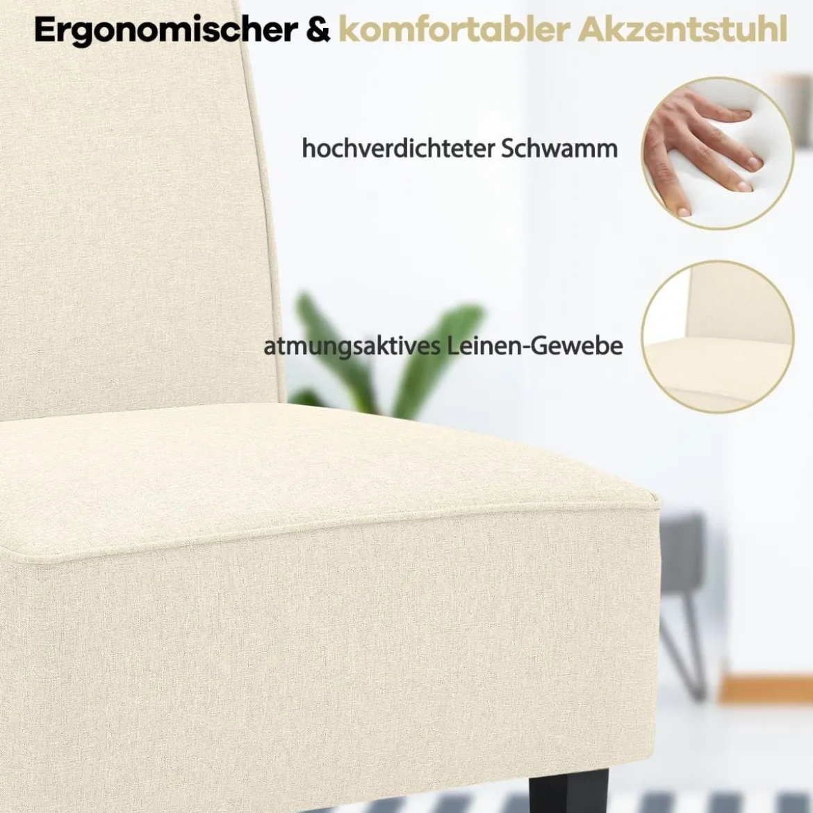 Gepolsterter Loungesessel mit Rückenlehne & Holzbeinen Akzentstuhl bis 150 kg Belastbar Beige
