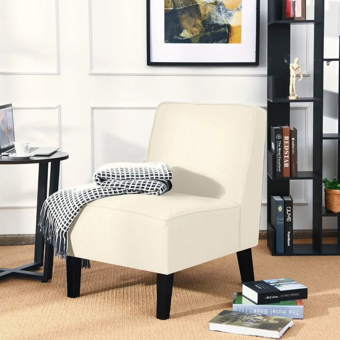 Gepolsterter Loungesessel mit Rückenlehne & Holzbeinen Akzentstuhl bis 150 kg Belastbar Beige