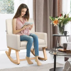 Gepolsterter Schaukelsessel aus Massivholz Schaukelstuhl Schwingsessel Relaxstuhl Beige