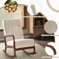 Gepolsterter Schaukelstuhl mit Hocker & Kissen Schaukelsessel mit Holzrahmen Beige