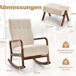 Gepolsterter Schaukelstuhl mit Hocker & Kissen Schaukelsessel mit Holzrahmen Beige