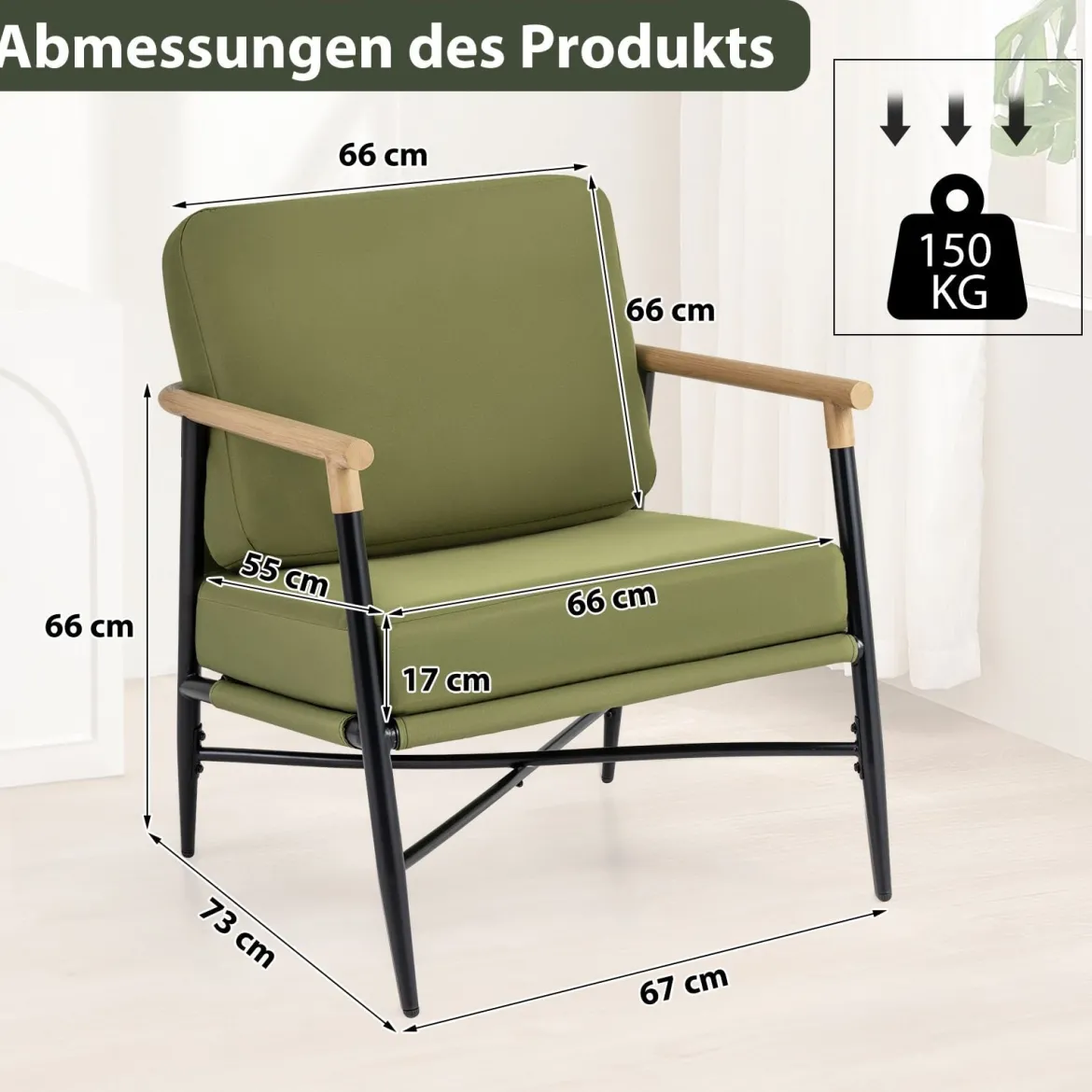 Gepolsterter Sessel mit Armlehnen Loungesessel mit Abnehmbarem Rückenkissen & Metallrahmen