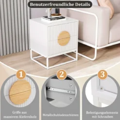 Gerillter Nachttisch Beistelltisch mit 2 Schubladen Kiefernholzgriffen & Metallrahmen Moderner Mid-Century Beistelltisch
