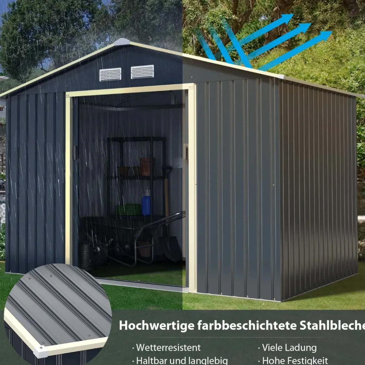 Gerätehaus Metall Erweitert-277 x 255 x 202 cm Geräteschuppen abschließbar Grau