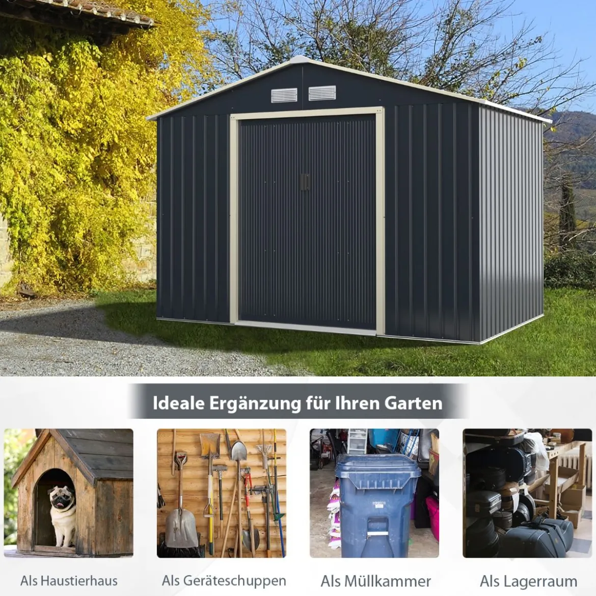 Gerätehaus Metall Erweitert-277 x 255 x 202 cm Geräteschuppen abschließbar Grau