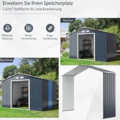 Gerätehaus Metall Erweitert-277 x 255 x 202 cm Geräteschuppen abschließbar Grau