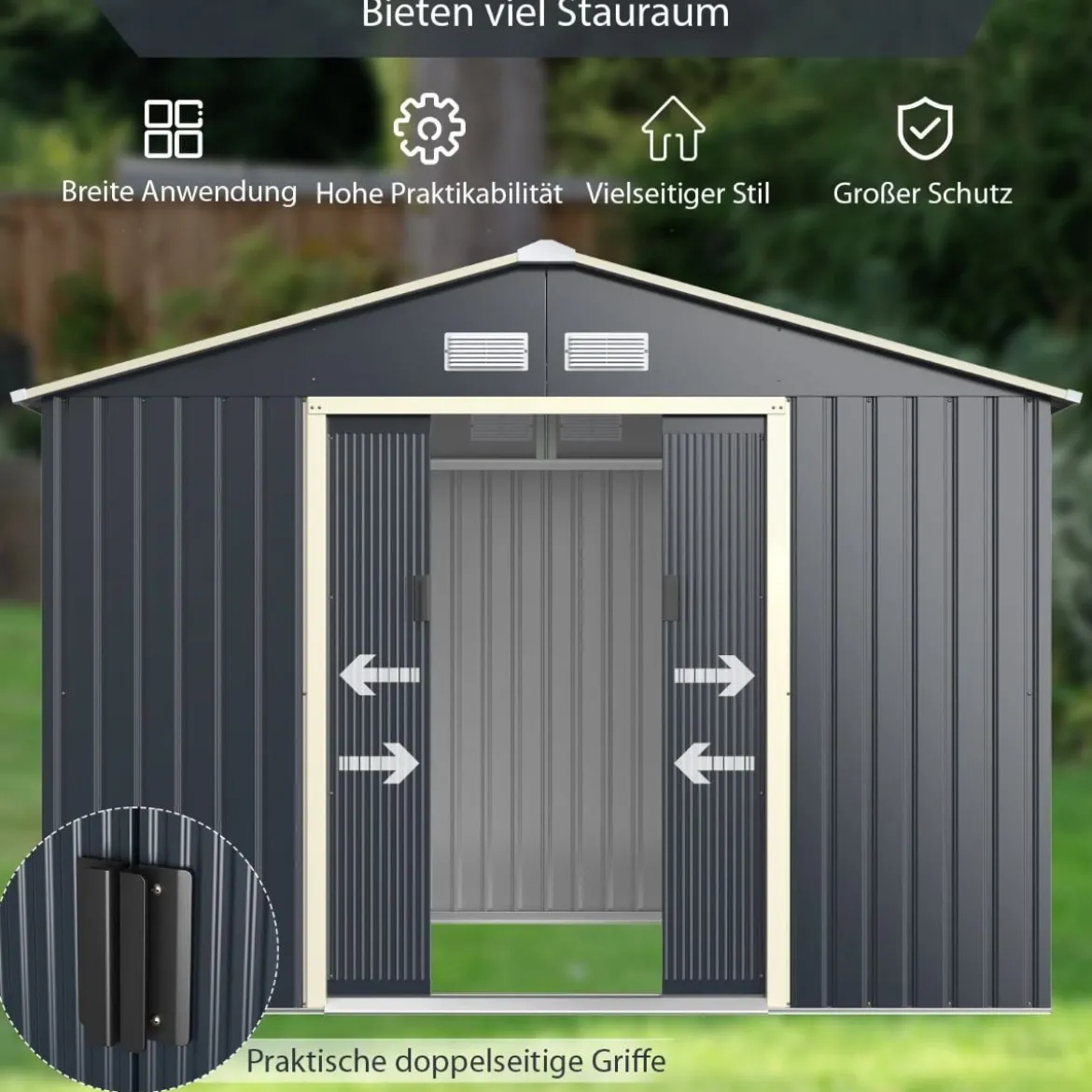 Gerätehaus Metall Erweitert-277 x 255 x 202 cm Geräteschuppen abschließbar Grau