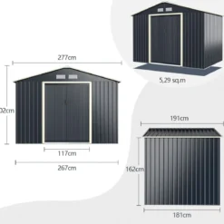 Gerätehaus Metall Erweitert-277 x 255 x 202 cm Geräteschuppen abschließbar Grau