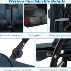 Geschwisterwagen klappbar Zwillingswagen mit verstellbarer Rückenlehne & Verdeck 30 kg Belastbar Schwarz/Grau/Blau