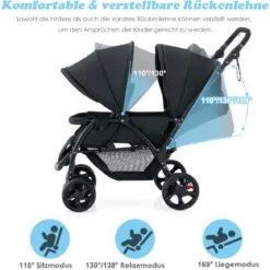 Geschwisterwagen klappbar Zwillingswagen mit verstellbarer Rückenlehne & Verdeck 30 kg Belastbar Schwarz/Grau/Blau