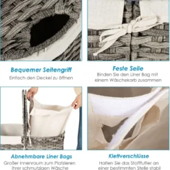 Geteilter Wäschekorb mit Deckel handgeflochtener 110L Wäschekorb 60,5 x 34 x 61,5 cm Grau