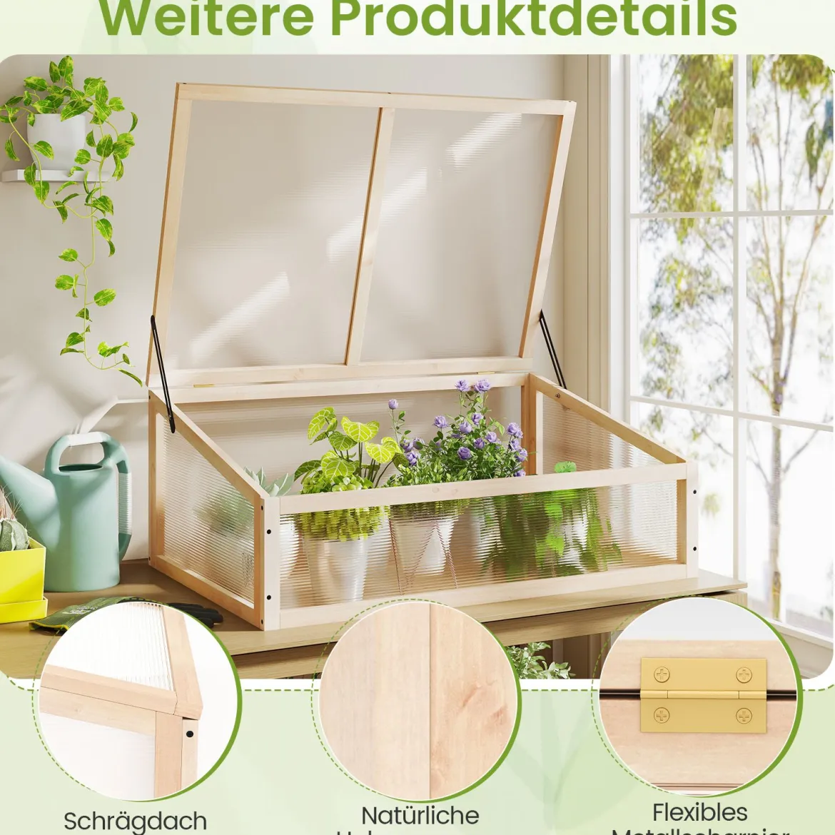 Gewächshaus Treibhaus Holz erhöhtes Pflanzbeet mit transparenter Klapp-Dach tragbares Pflanzenbeet Natur 94 x 63 x 40 cm