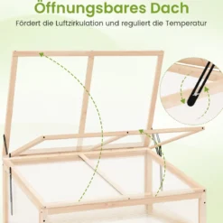 Gewächshaus Treibhaus Holz erhöhtes Pflanzbeet mit transparenter Klapp-Dach tragbares Pflanzenbeet Natur 94 x 63 x 40 cm