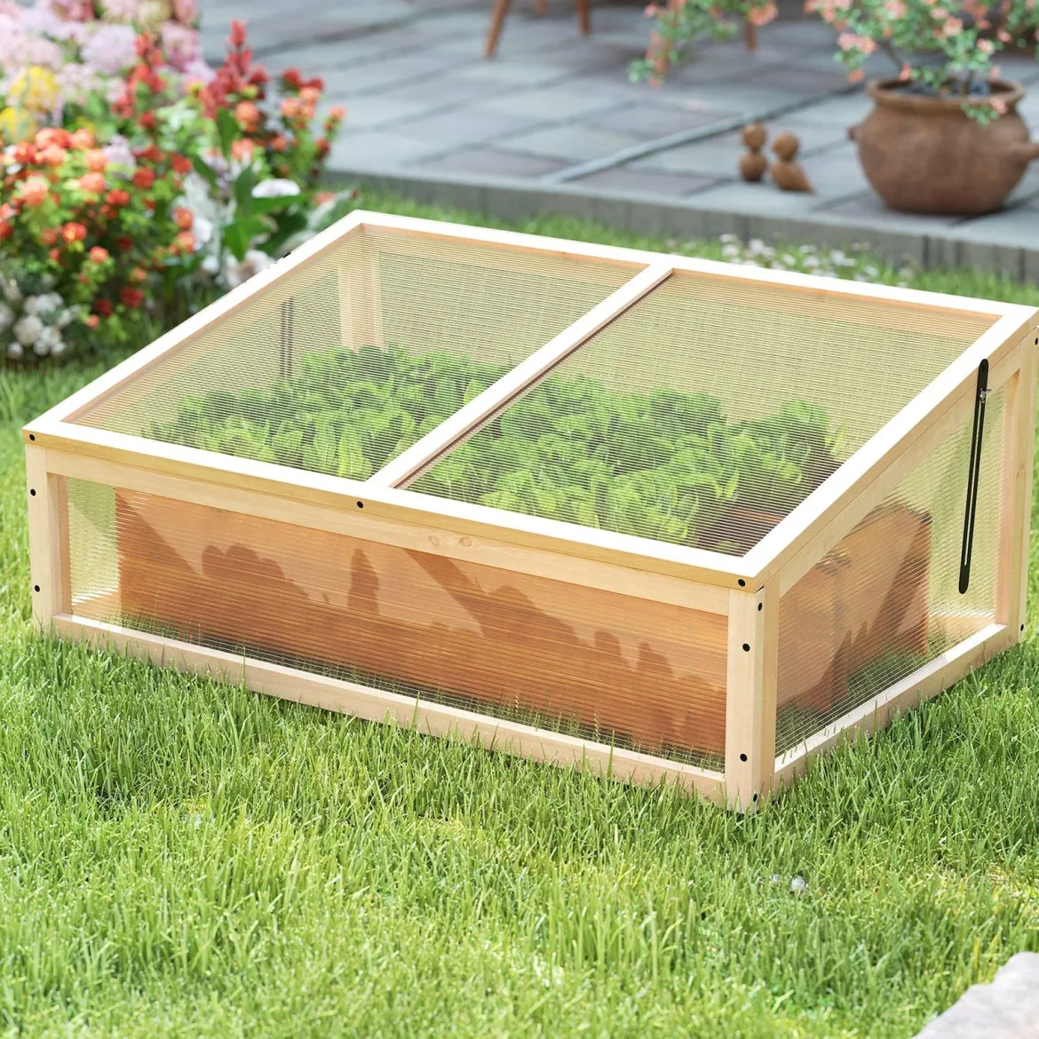 Gewächshaus Treibhaus Holz erhöhtes Pflanzbeet mit transparenter Klapp-Dach tragbares Pflanzenbeet Natur 94 x 63 x 40 cm