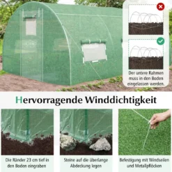 Gewächshaus 4 x 3 x 2m|12m² Foliengewächshaus mit Metallgestell Treibhaus mit 6 aufrollbaren Netzfenstern Grün