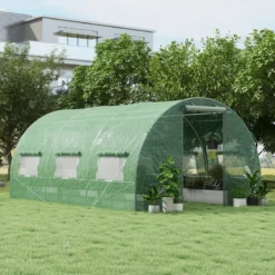 Gewächshaus 4 x 3 x 2m|12m² Foliengewächshaus mit Metallgestell Treibhaus mit 6 aufrollbaren Netzfenstern Grün
