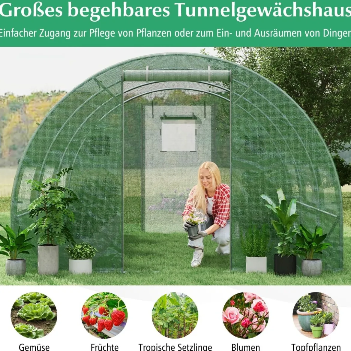 Gewächshaus 4 x 3 x 2m|12m² Foliengewächshaus mit Metallgestell Treibhaus mit 6 aufrollbaren Netzfenstern Grün