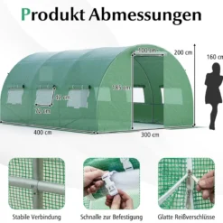 Gewächshaus 4 x 3 x 2m|12m² Foliengewächshaus mit Metallgestell Treibhaus mit 6 aufrollbaren Netzfenstern Grün