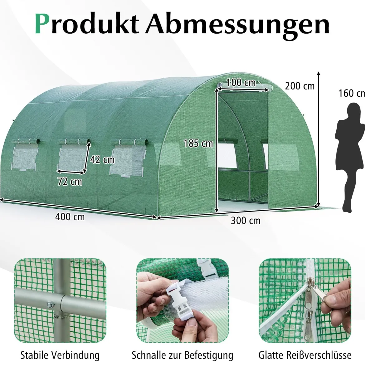 Gewächshaus 4 x 3 x 2m|12m² Foliengewächshaus mit Metallgestell Treibhaus mit 6 aufrollbaren Netzfenstern Grün