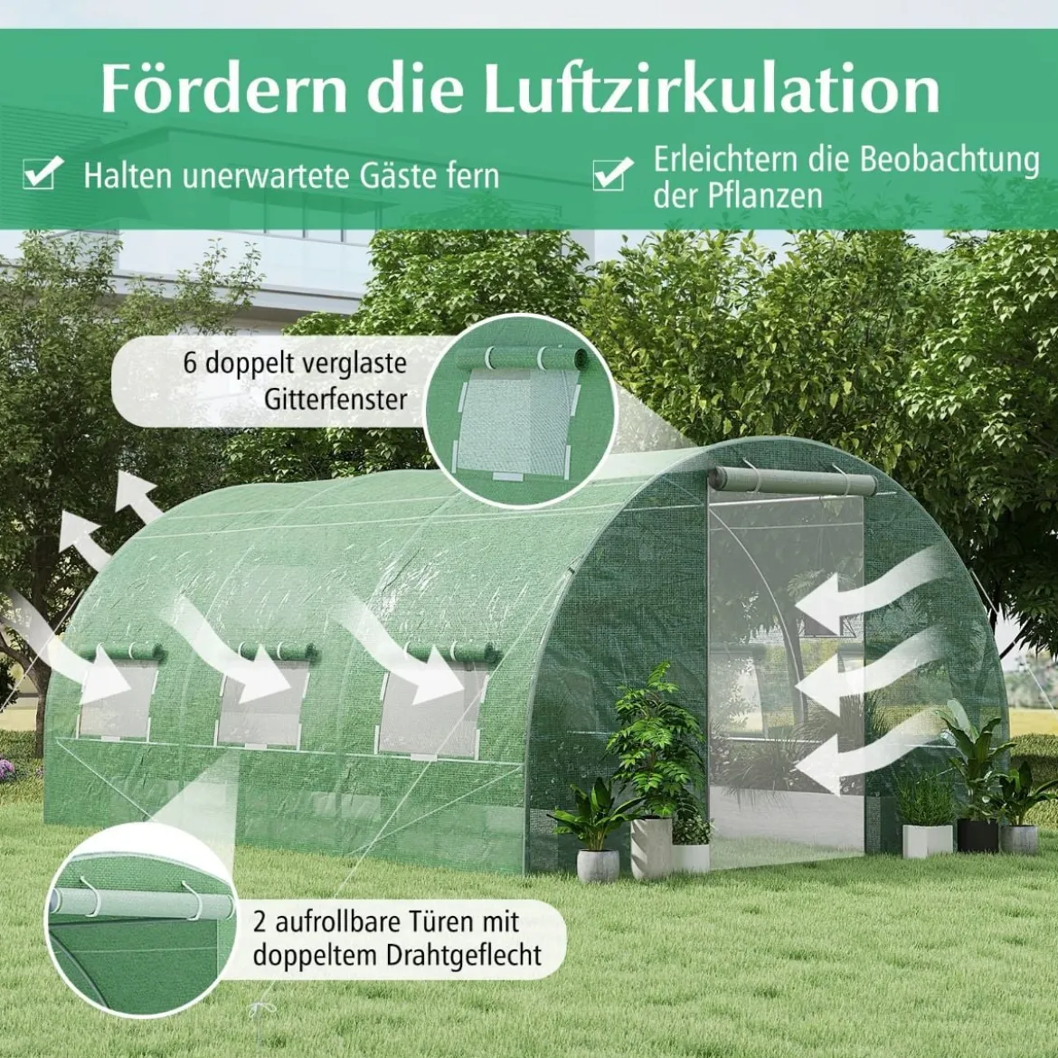 Gewächshaus 4 x 3 x 2m|12m² Foliengewächshaus mit Metallgestell Treibhaus mit 6 aufrollbaren Netzfenstern Grün