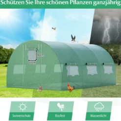 Gewächshaus 4 x 3 x 2m|12m² Foliengewächshaus mit Metallgestell Treibhaus mit 6 aufrollbaren Netzfenstern Grün